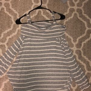 Off the shoulder grey and white striped sweater!